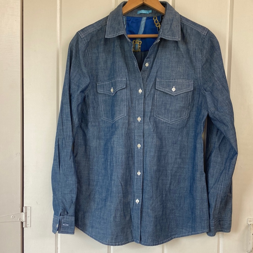 J.McLaughlin chambray button down shirt with contrast inside fabric